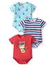Babyhug 100% Cotton Knit Half Sleeves Tiger & Boat Printed Onesies Pack of 3 - Blue & Red