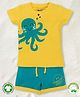 Pranava 100% Organic Cotton Half Sleeves Octopus Printed Tee And Shorts Set - Yellow And Aqua