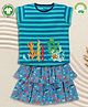Pranava 100% Organic Cotton Cap Sleeves Striped & Sea Life Printed Top With Skirt - Blue