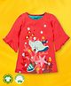 Pranava 100% Organic Cotton Half Bell Sleeves Kite Fish Embroidered A Line Long Top -  Fuchsia Pink
