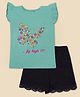 Nino Togs Cap Frill    Sleeves Floral Embroidered     Cotton Lycra Top And Shorts - Pastel Green & Black