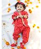 BownBee Pure Cotton Three Fourth Sleeves Bandhej Design & Gota Lace Embellished Top With Coordinating Harem Pant Headband & Booties Set - Red