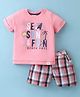 Simply Premium Cotton Knit Half Sleeves T-Shirt & Shorts Set Checks & Beach Print - Peach
