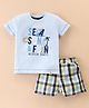Simply Premium Cotton Knit Half Sleeves T-Shirt & Shorts Set Checks & Beach Print - Light Blue