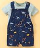 Simply Premium Cotton Dino Printed Dungaree with Half Sleeves Striped T-Shirt -Navy Blue