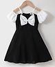 Kookie Kids Cold Shoulder Sleeves Solid Frock with Bow Applique -Black