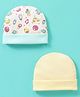 Ben Benny Cotton Knit Caps Solid & Car Print Pack of 2 Beige & White- Diameter 9 cm