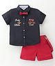 ToffyHouse 100% Cotton Woven Half Sleeves Text Embroidered Shirt & Shorts Set With Bow & Suspender - Carnation