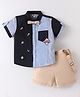ToffyHouse 100% Cotton Woven Half Sleeves Space Themed Shirt & Shorts Set With Bow & Suspender - Blue & Beige
