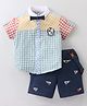 ToffyHouse 100%  Cotton Woven Half Sleeves Checkered Shirt & Shorts Set With Bow & Suspender - Navy