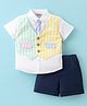 ToffyHouse 100% Cotton Woven Half Sleeves Shirt & Shorts Set with Attached Striped Waist Coat & Tie - White & Navy Blue