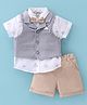 ToffyHouse  100%  Cotton Woven Half Sleeves Leaves Printed Shirt & Short Set with Suspender & Bow - Beige
