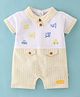 WOW Clothes Cotton Knit Half Sleeves Striped Romper with Car Embroidery & Button Detailing - Yellow