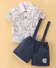 WOW Clothes Cotton Knit Half Sleeves Polo T-Shirt & Shorts Set With Animal Print And Suspender - Navy Blue