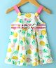 WOW Cotton Woven Singlet Sleeves Frock with Fruit Print & Bow Applique - Green