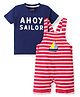 Babyhug Single Jersey Knit Striped Dungaree with Half Sleeves T-Shirt Boat & Text Print - Red & Blue
