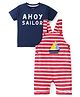 Babyhug Single Jersey Knit Striped Dungaree with Half Sleeves T-Shirt Boat & Text Print - Red & Blue