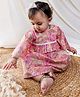 Halemons Pure Cotton Three Fourth Sleeves Frilled Floral Printed Cotton Flared Dress - Pink