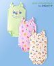 Babyoye Cotton Knit Singlet Sleeves Onesies with Beach Theme Print & Bow Applique Pack of 3 - Pink Cream & Light Green