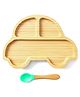 Car Shaped Bamboo Wooden 3 Compartment Section Plate with Spoon Suction Base - Beige & Mint