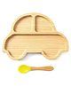 Car Shaped Bamboo Wooden 3 Compartment Section Plate with Spoon Suction Base - Beige & Yellow