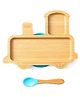 Train Shaped Bamboo Wooden 3 Compartment Section Plate with Spoon Suction Base - Beige & Blue