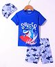 KIDLINGSS  Raglan Half Sleeves Surfer Shark Printed  Swimsuit With Cap - Dark Blue & White