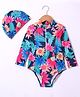 KIDLINGSS Full Sleeves Tropical Floral  Printed V Cut Swimsuit With Cap - Multi Colour
