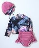 KIDLINGSS Full Sleeves Floral Printed 2 Piece Swimsuit With Cap - Black & Mauve