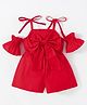 Kookie Kids Off Shoulder Sleeves Solid Color Jumpsuit with Bow Applique - Red
