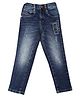 LEO Brand Name Printed & Mild Distressed Stone Wash Denim Jeans - Blue