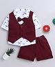 BUMZEE Full Sleeves Solid & Moustache Printed 3 Piece Shirt With Shorts - Maroon & White
