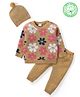 Babyhug Organic Cotton Knit Full Sleeves Sweater Set & Cap with Floral Design - Yellow