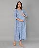 Kaheksa Cotton Three Fourth Sleeves Floral Printed Maternity Dress With Concealed Zipper Nursing Access - Sky Blue