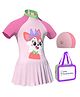 Little Surprise Box Half Sleeves Fox Printed Frock Style  Swimsuit With Cap & Bag - Peach