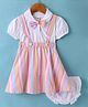 Dew Drops Poplin Woven Striped Frock With Collared Half Sleeves Inner Tee & Bloomer - Beige