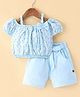 Dew Drops Woven Off Shoulder Top & Shorts Set With Bow & Hearts Print - Aqua