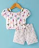 Dew Drops Cotton Woven Half Sleeves Top & Shorts Set With Butterfly Print - Lemon