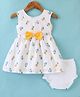 Dew Drops Sleeveless Frock with Bloomer & Floral Print Bow Detailing - Off White