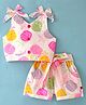 Dew Drops Poplin Sleeveless Top & Shorts Set With Bow Applique And Tropical Print - Peach