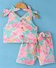 Dew Drops Woven Sleeveless Top & Shorts Set With Floral Print & Bow - Baby Pink