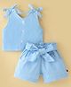 Dew Drops Poplin Sleeveless Polka Dotted Top & Shorts Set With Bow Applique  - Aqua