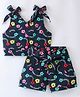 Dew Drops Poplin Sleeveless Floral Printed Top & Shorts Set With Bow Applique  - Navy