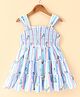 Dew Drops Poplin Woven Sleeveless Smoked Tiered Frock with Floral Print - Blue