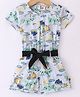 Dew Drops Poplin Half Sleeves Jumpsuits with Belt Tropical Print - Blue