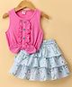 Dew Drops Poplin Woven Sleeveless Top & Layered Floral Printed Skirt Set - Pink & Grey