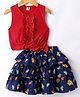 Dew Drops Poplin Woven Sleeveless Top & Layered Floral Printed Skirt Set - Red & Navy Blue