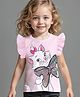 Babyhug Disney Cotton Knit Frill Sleeves Top with Marie Graphics and Sequins Detailing - Pink