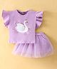 Little Kangaroos 100% Cotton Flutter Sleeves Swan Printed Top with Glittery Skirt - Lilac