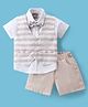 Little Kangaroos 100% Cotton Knit Half Sleeves Shirt & Shorts Set with Bow & Striped Waist Coat - Beige